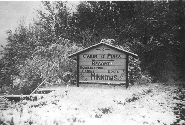 Resort Sign - Top of the new driveway welcoming guests to Cabin O' Pines Resort - 1940s